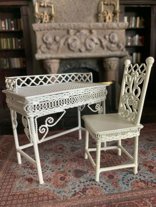 Vintage Miniature Dollhouse Artisan White Metal Writing Desk And Butterfly Chair