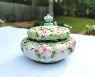 Vintage Japanese Nippon Moriage Box Hand Painted Pink Green Floral 