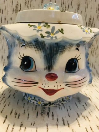 Lefton Miss Priss Blue Cat With Floral Hat 7 " Cookie Jar
