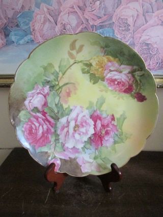 L R L Limoges France Hand Painted Plate Pink Red Roses Signed Puisoye 9.  5 "