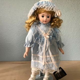 1989 House Of Lloyd Porcelain Doll 16 " Girl With Hat Blue Lace Dress Private