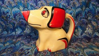 Vintage Czech Erphila Art Pottery Hand Painted " Hound Dog " Pitcher Folk Art