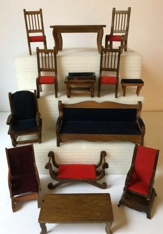 Vintage Miniature Doll House Furniture Upholstered Wood Living & Dining Rooms
