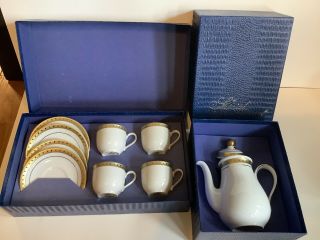 Mitterteich Bavaria Demitasse Teapot 4 Cups Saucers White Gold In Boxes