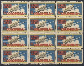Correo Aereo De Colombia Block Of 12 Airmail Labels