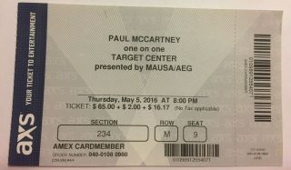 2016 Paul Mccartney Minneapolis Concert Ticket Stub The Beatles Wings Hey Jude