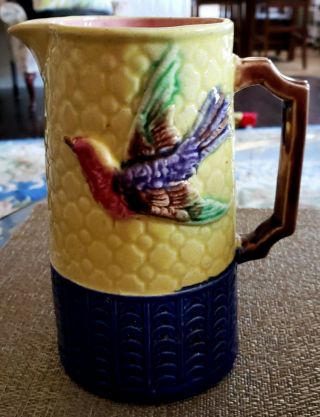Antique 19th Century English Majolica Pitcher With Birds Yellow & Cobalt