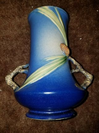 Roseville Pottery Pinecone Blue branch Handled Vase 842 - 8,  tiny chip base back 2