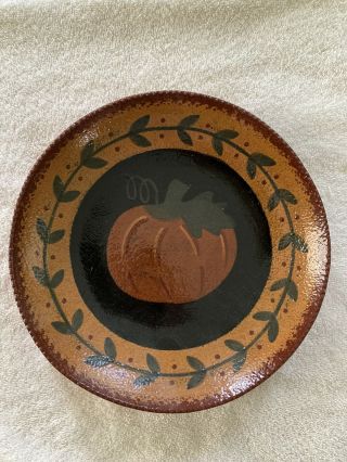 Ned Foltz Pottery Redware Signed & Dated 2000 Pumpkin & Leaves Plate 10 Inches