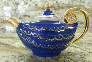 Vintage Hall China Marine Blue Gold Label W/infuser Aladdin Teapot