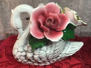 Vintage Capodimonte Fine Porcelain Ornate Swan With 3 Large Roses Made In Italy