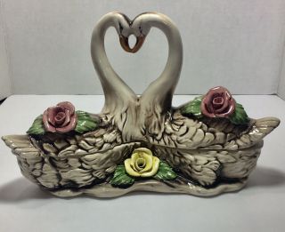 Vintage Capodimonte Porcelain Double Swan With Roses Dish Made In Italy 10 "
