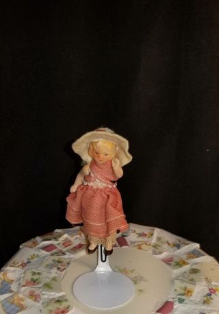 Antique Bisque Dollhouse Doll,  Stand - 3.  5 " Tall - Girl W Bonnet - Germany