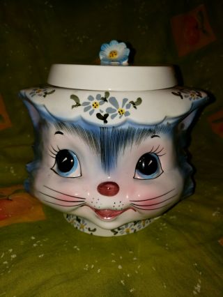 Lefton China - 1964 - 1973 - Miss Priss - Blue Cat With Floral Hat - 7 " Cookie Jar