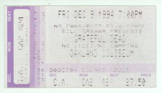 Rare Grateful Dead 12/9/94 Oakland Coliseum Concert Ticket Stub