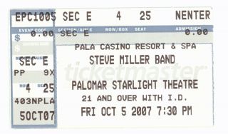 Rare Steve Miller 10/5/07 Kansas City Mo Concert Ticket Stub