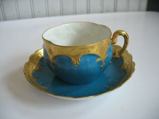 Vtg Pl Limoges France Tea Coffee Cup & Saucer Turquoise & Gold Gilt M Redon