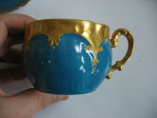 Vtg PL Limoges France tea coffee cup & saucer Turquoise & GOLD Gilt M Redon 3