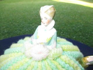 Sweet German Bisque Porcelain Half Doll Teapot Cozy Cover Green Yellow