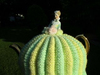 SWEET GERMAN BISQUE PORCELAIN HALF DOLL TEAPOT COZY COVER GREEN YELLOW 2