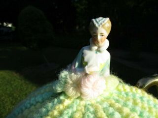SWEET GERMAN BISQUE PORCELAIN HALF DOLL TEAPOT COZY COVER GREEN YELLOW 3