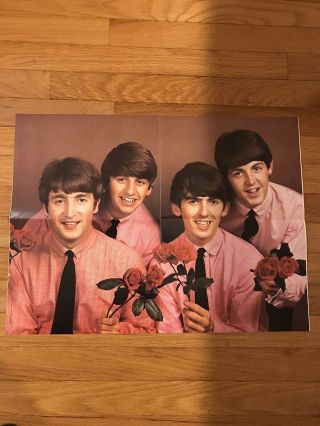 Vintage Beatles Poster 21 1/2 " X 16 " Dressed In Pink Shirts & Holding Roses