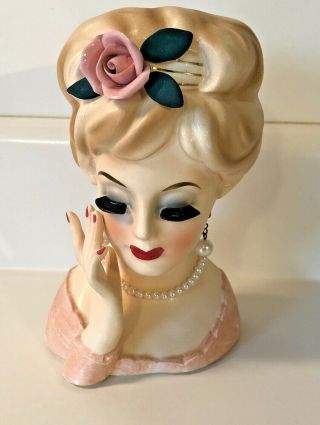 Vintage 1968 Inarco Lady Head Vase E - 193/m Pink Rose Pearls