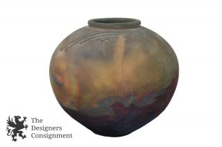 Raku Hand Thrown Studio Pottery Mid Cent Flower Vase Vessel Fired 7 " X 6 " Signed
