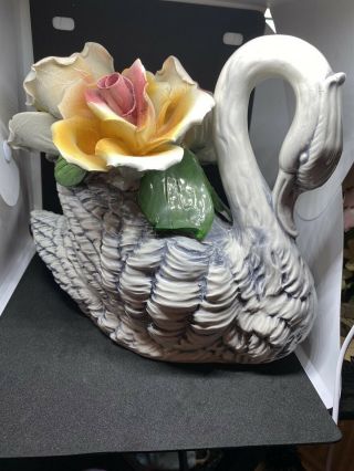 Capodimonte Vintage Large Swan W/ Roses Sculpture Porcelain Italy Capodimonte