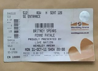 Britney Spears Femme Fatale Tour 2011 Wembley Arena Concert Ticket Stub