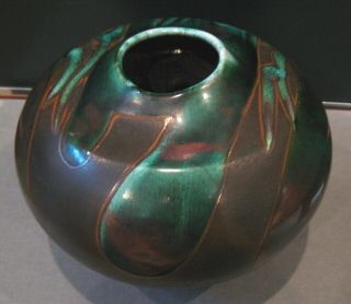 Tony Evans Raku Pottery Bulbous Form Vessel Vase Green Copper 9 - 1/2 " Diameter