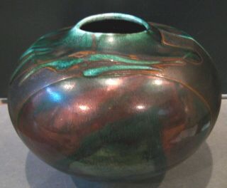 Tony Evans Raku Pottery Bulbous Form Vessel Vase Green Copper 9 - 1/2 