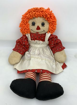 Vintage Hand Made 20 " Raggedy Ann Cloth Doll Red Dress With Apron Unbranded