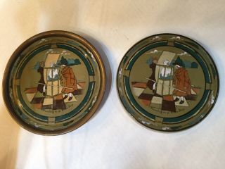2 Buffalo Pottery Deldare Ware Trivets (travling On Olden Days) 6”& 6 1/4” 1908