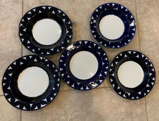 Arabia Of Finland Sotka Rimmed Soup Bowls Plates Set Of 5 Navy Blue And White