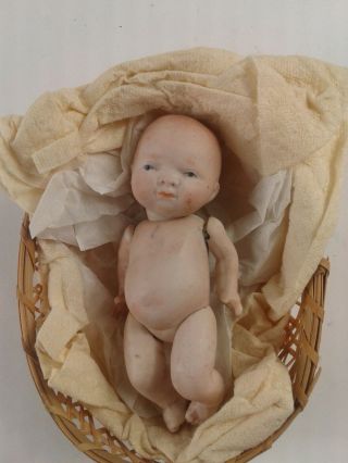 Vintage 3 1/2 " Japan Bisque Babby Doll In Basket W/original Clothes