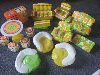 70s Vintage Barbie Puff & Play Inflatable Blow Up Furniture Kitchen Pool Chairs