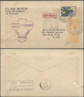 Brazil 1933 - Zeppelin Flight Air Mail Cover To Usa V31/20