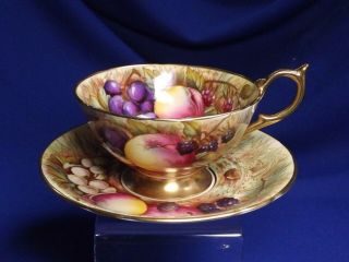 Aynsley Orchard Fruit Footed Tea Cup & Saucer - Artist Signed N.  Brunt
