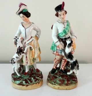 Antique English Staffordshire Figures: Scottish Couple With Dogs
