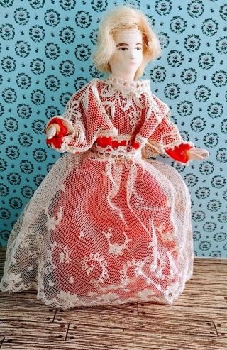 Vintage Erna Meyer Costumed Victorian Lady 1:12 Poseable Dollhouse Doll Germany