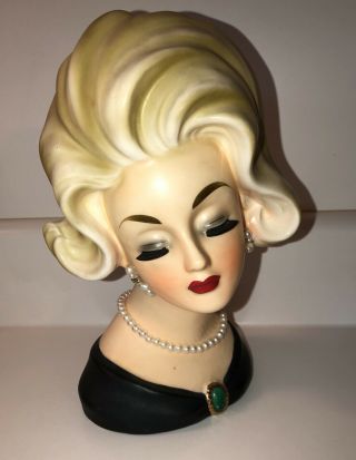 Vintage Napco Lady Head Vase C6985 Pearls Gold Green Brooch Pin