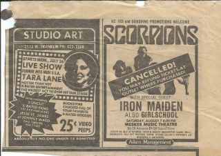 Scorpions Iron Maiden Girlschool Evansville In 1982 Concert Poster Flyer Newspap