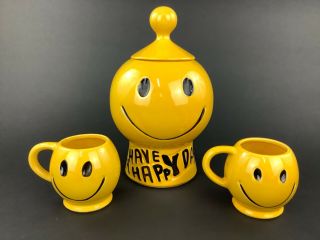 Mccoy 1970s Yellow Smiley Face Cookie Jar And Two (2) Matching Cups Mugs
