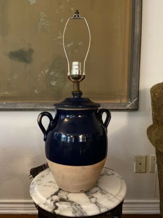 Rowe Pottery Studio Pottery Lamp Blue Crock Handle Anthropologie Clay