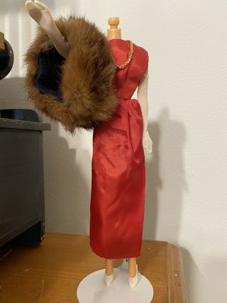 Vintage Barbie Clone Outfit Red Formal Gown /real Mink Fur Stole 1960’s Classy