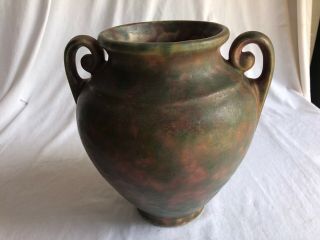 Vintage Burley Winter Art Pottery Handle Vase Green Mauve / Pink