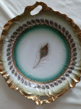 Antique Carl Tielsch C.  T.  Germany Green Peacock Feather Bowl 1875 - 1935