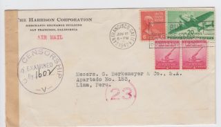 Ww2 San Francisco To Lima Peru U.  S.  Censorship - V - Cover 1942 Air Mail