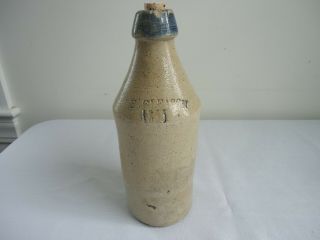 Antique F.  Gleason Stoneware Beer Bottle Dated 1855 With Blue Top